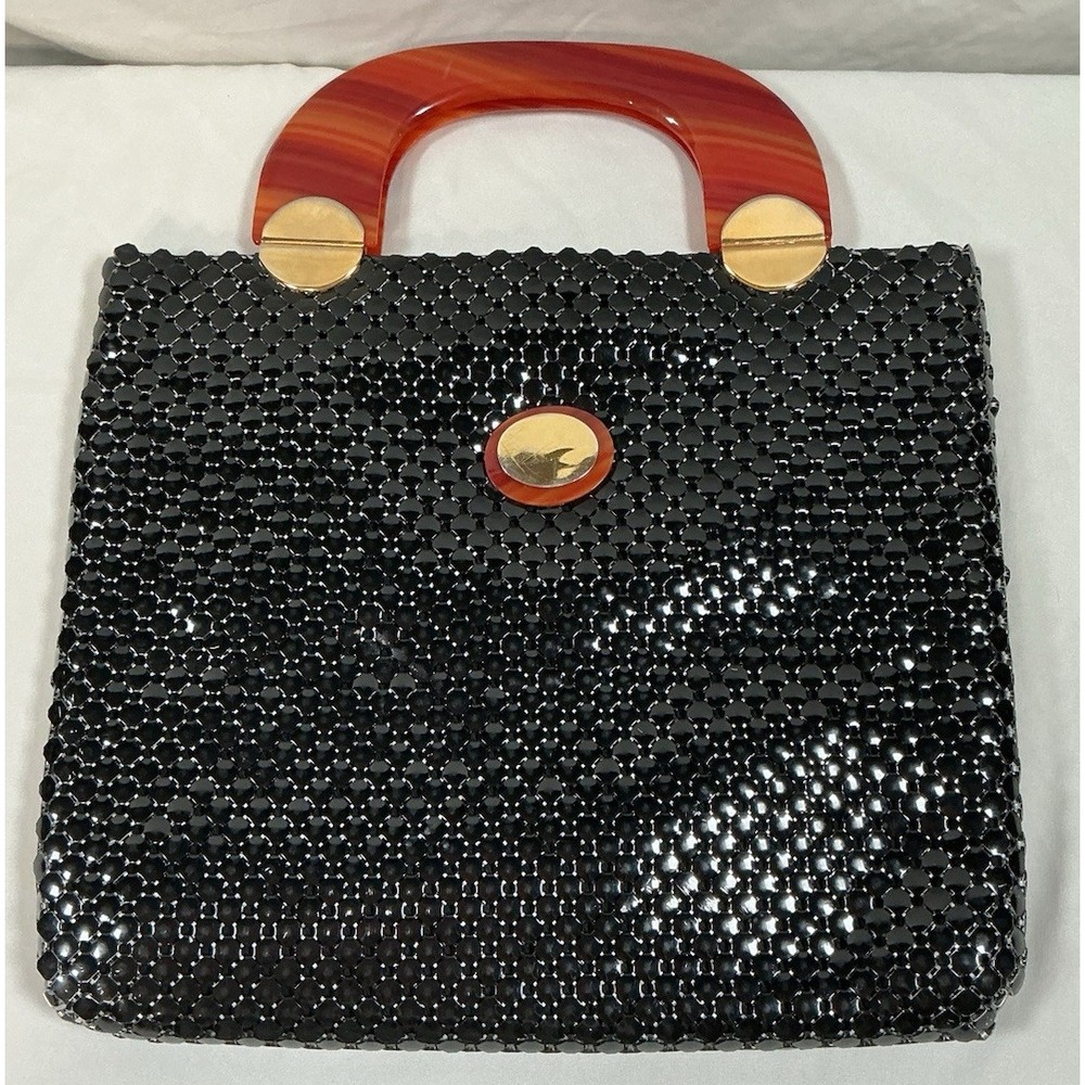 VTG Whiting & Davis Navy Mesh Handbag Faux Tortoiseshell Handles Gold Hardware